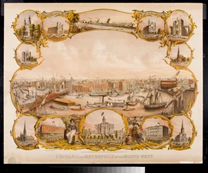 Lithographie de Chicago avec des bâtiments emblématiques, 1864